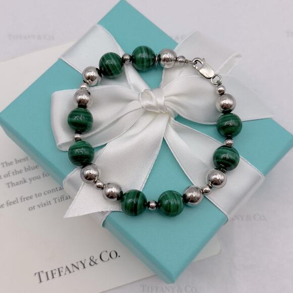 Tiffany & Co. Sterling Silver Malachite Beaded Bracelet Sterling Silver Vintage - Picture 1 of 10
